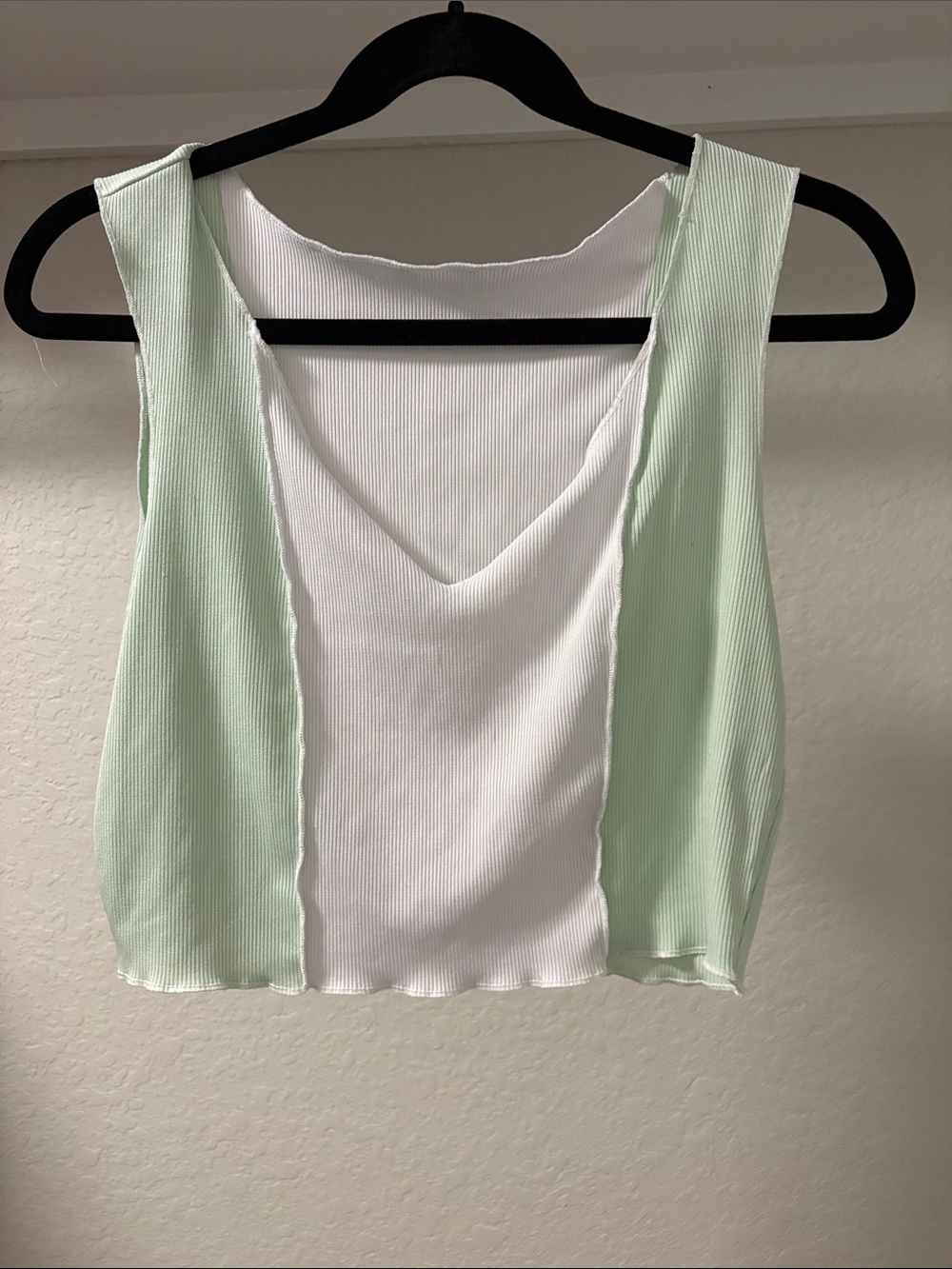 SHEIN Two-Tone Ribbed Scoop-Back Crop Tank - White & Light Green